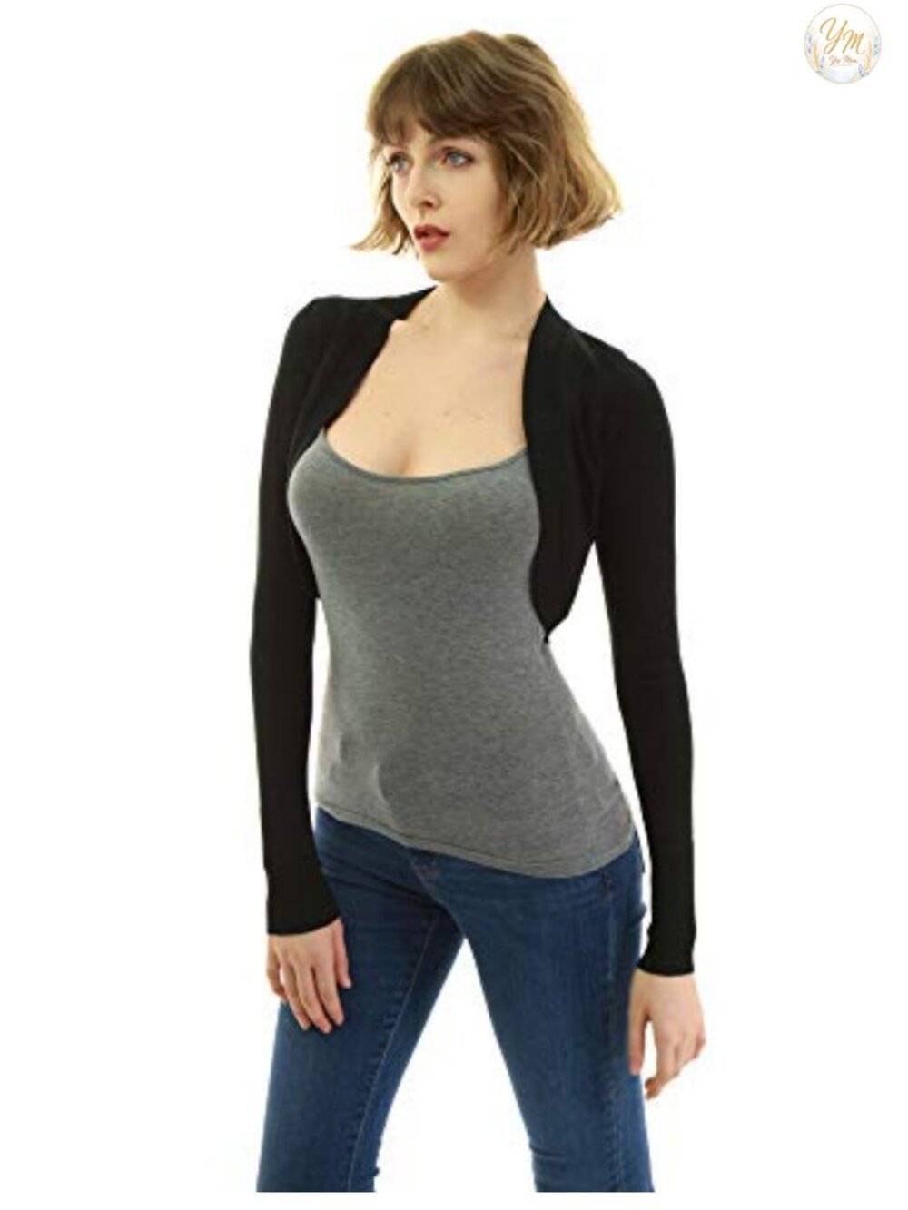 Long Sleeve Mid-Crop Knit Bolero Shrug Cardigan Ribbed Placket